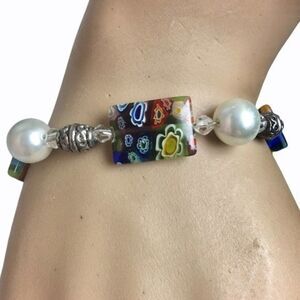 Millefiori Murano Glass Bracelet 8 Inch Faux Pearl Beaded